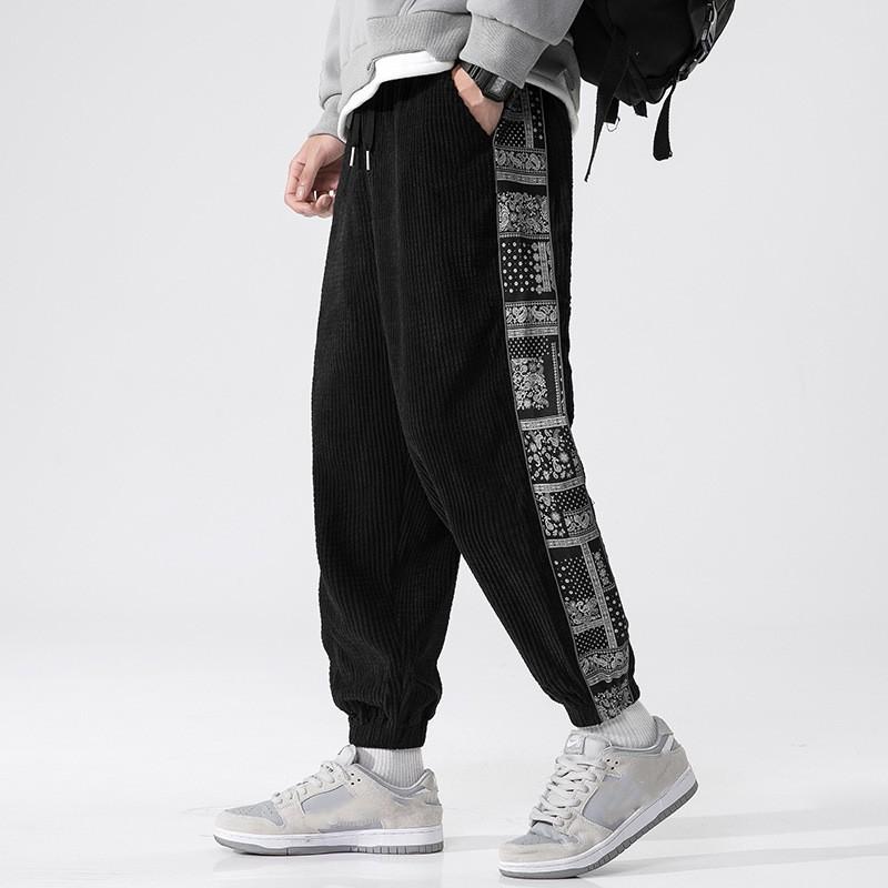 Men's Spring/Fall Chinese-Style Casual Patchwork Corduroy Sweatpants Youth Mid-Rise Drawstring Slim-Fit Pants