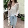 Temperament V-neck atmosphere summer thin ins bamboo hemp sunscreen jacket long-sleeved knitted top women's cardigan