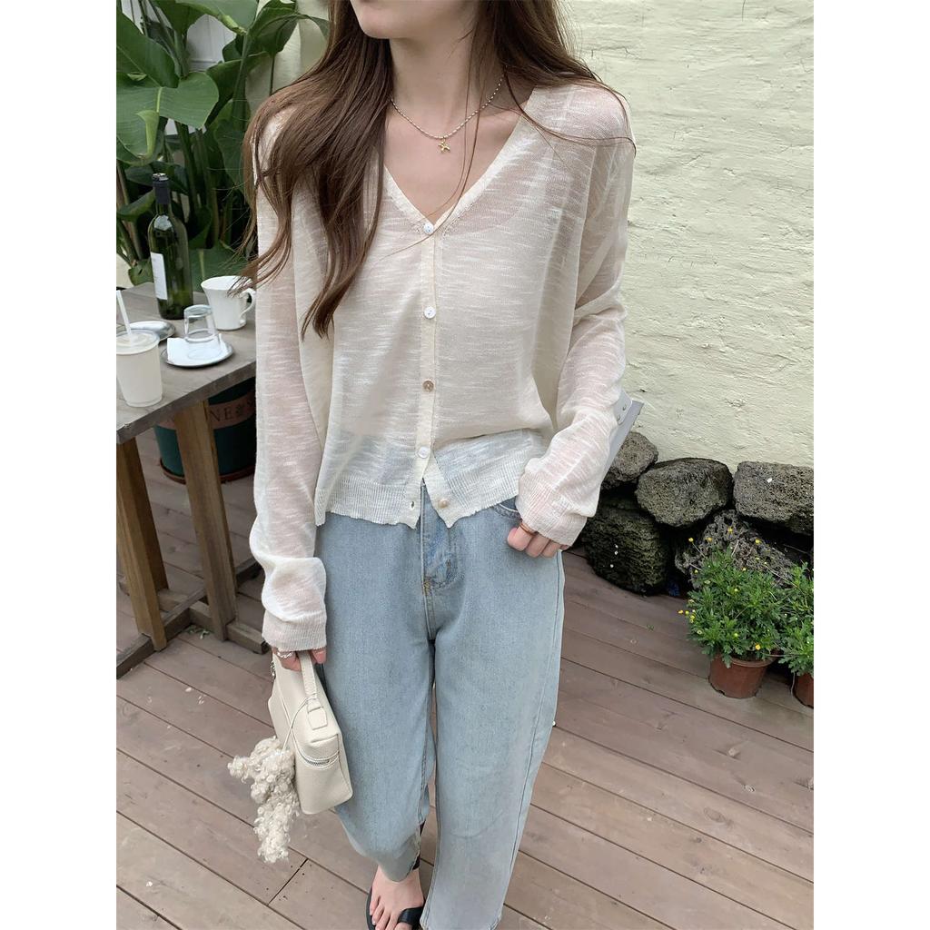 Temperament V-neck atmosphere summer thin ins bamboo hemp sunscreen jacket long-sleeved knitted top women's cardigan