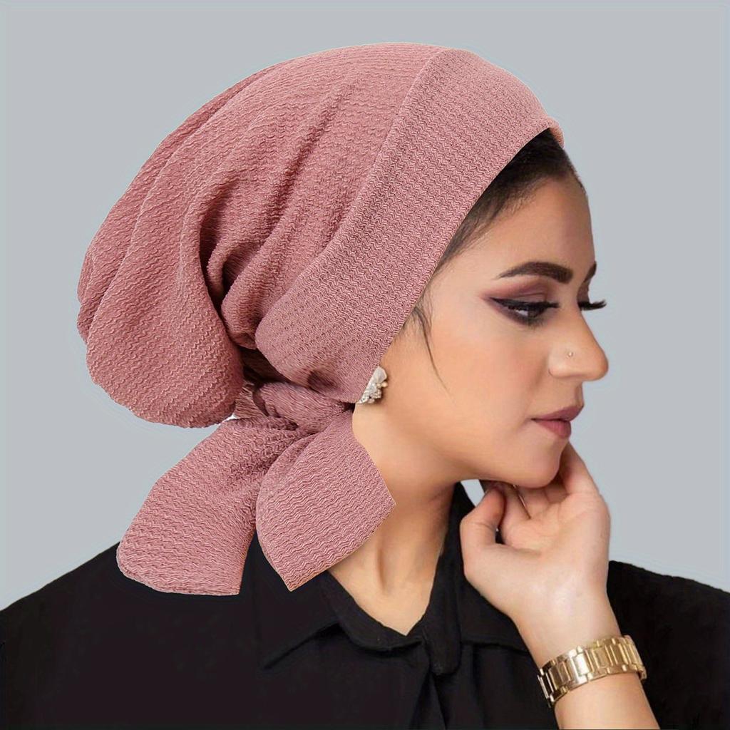 Women's Polyester Knit Beanie with Wave Pattern and Long Tail - Elastic Fit, No Feathers, Chemotherapy Headscarf Hat