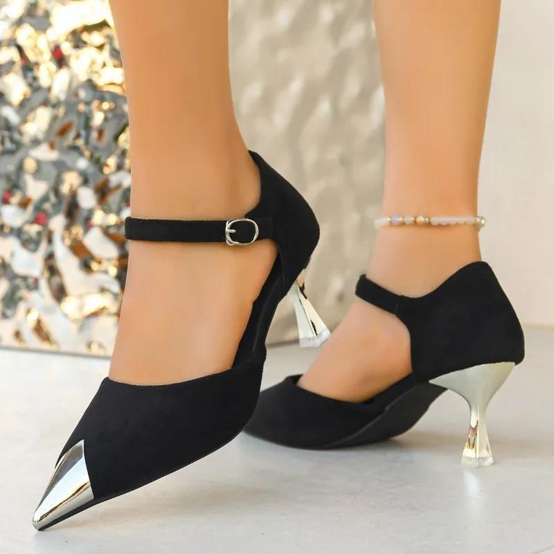 One Strap Single Shoe Metal Pointed Toe Suede Cutout Non-Slip Wear-Resistant High Heels