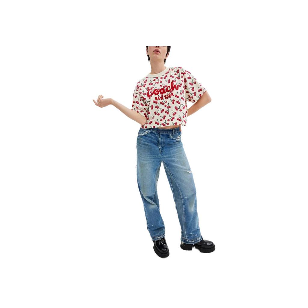 Coach Bawełniany T-shirt damski z nadrukiem wiśni, krótki rękaw, czerwony CZ502-REM