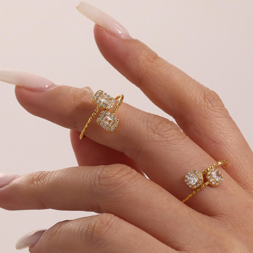 Mili Rhinestone Heart 5A Zircon Geometric Ring – 18K Gold-Plated Adjustable Stainless Steel Band Jewelry Set for Girls.