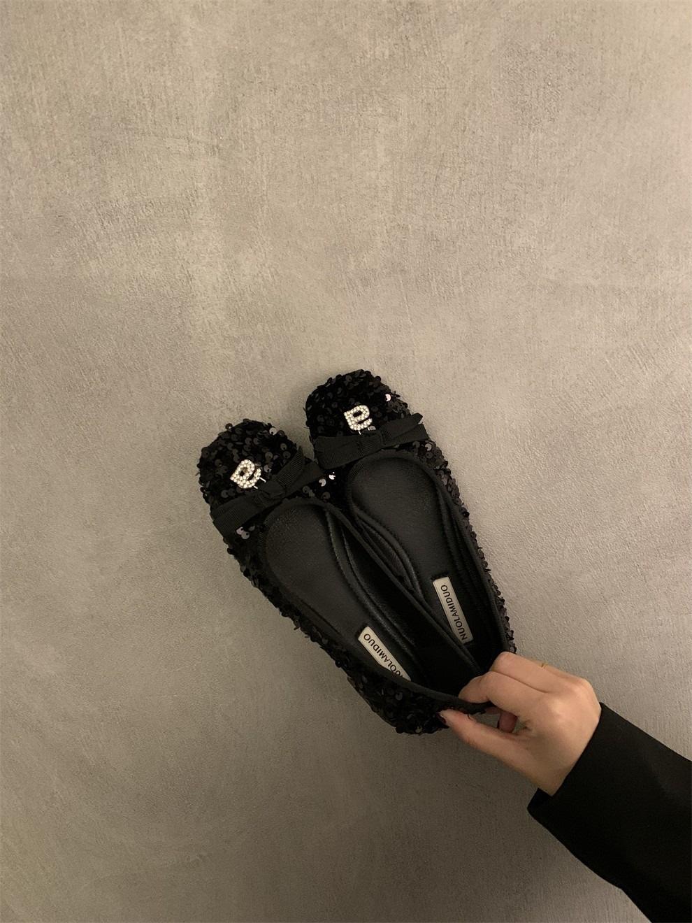 

Hongkai~ 2024 Spring and Autumn New Shallow Mouth Sparkling Beads Bow Temperament One Pedal Single Shoes Women 35 чёрный