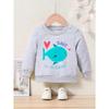 Crew Neck Sweatshirt with Cartoon Fish Print, Casual Alphabet Applique, Slight Stretch, Regular Fit for Spring/Fall