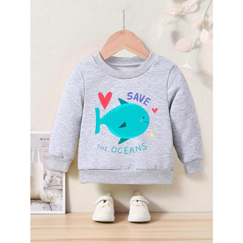 Crew Neck Sweatshirt with Cartoon Fish Print, Casual Alphabet Applique, Slight Stretch, Regular Fit for Spring/Fall