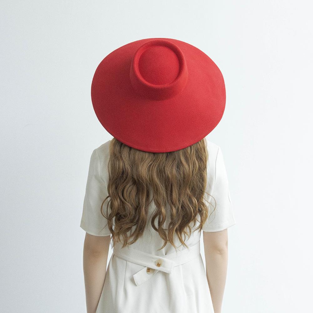 European and American Autumn and Winter New Shallow Top Big Brim Wool Top Hat Stage Catwalk Concave Shape Strap Felt Big Edge Top Hat