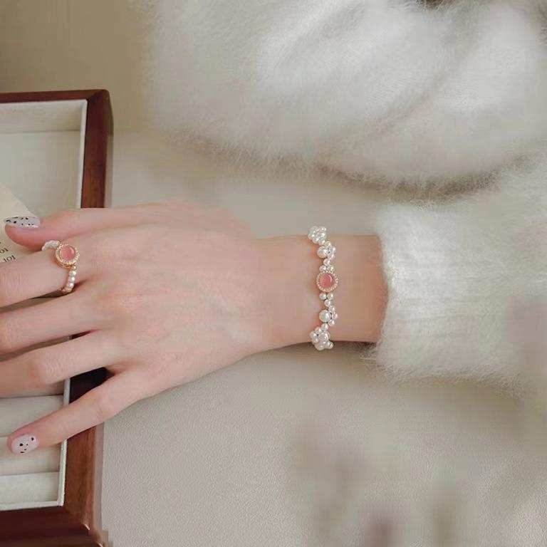 S925 Sterling Silver Bracelet with Pink Chalcedony, Aquamarine, and Pearls - Elegant Women's Beaded Jewelry