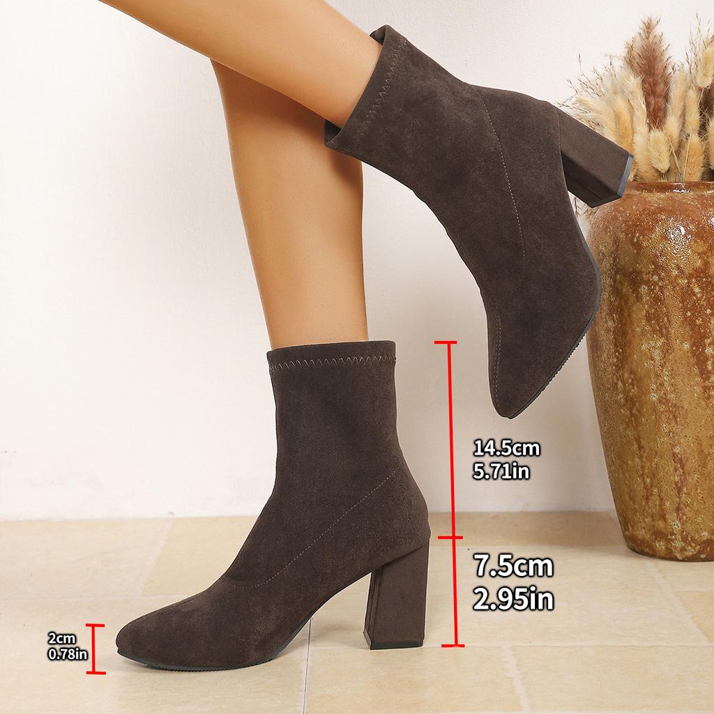 Suede thick heel short boots women's autumn and winter new large size elastic thin boots pointed high heel boots fashion socks boots
