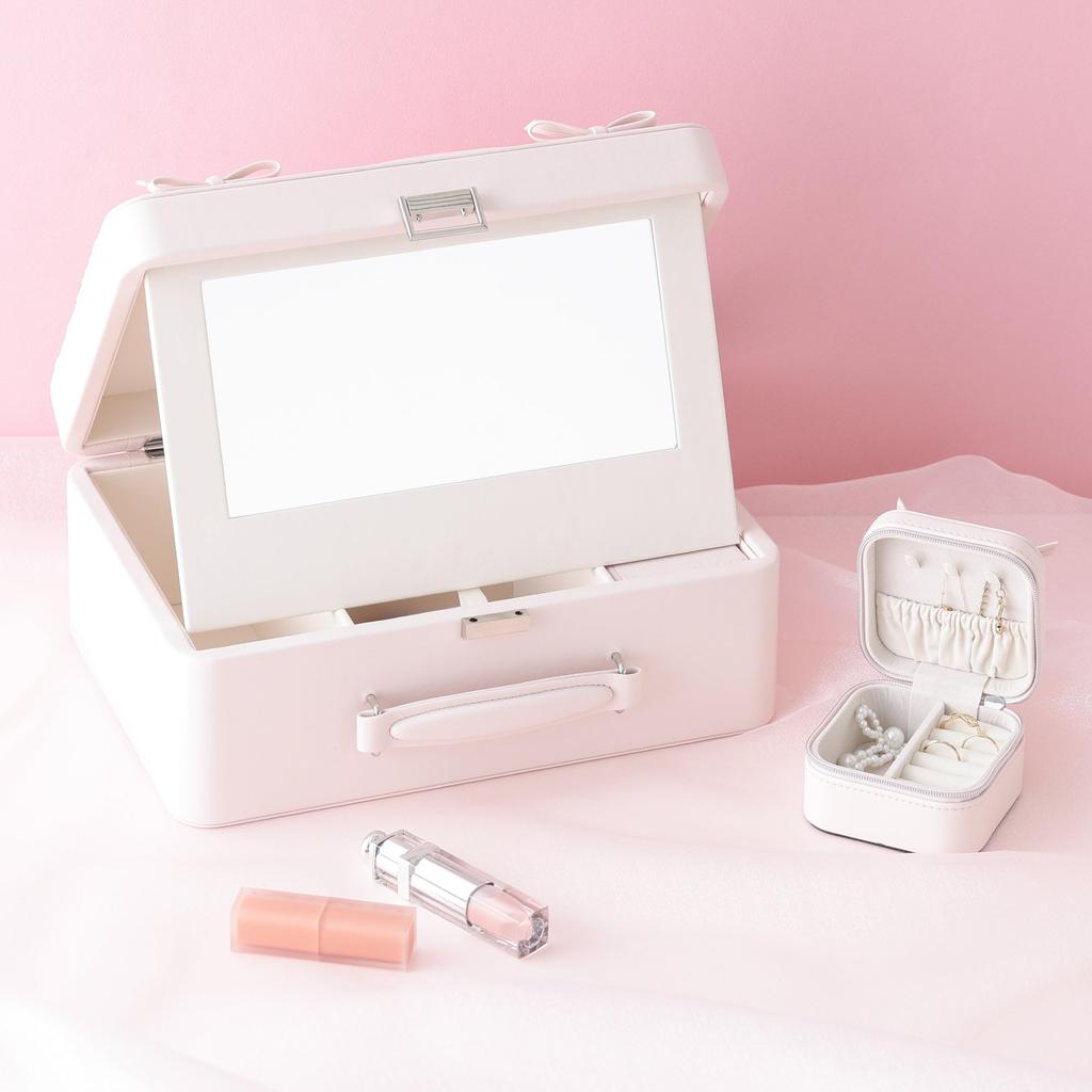Francfranc Ribbon Cosmetic Light with Mirror and Dresser Box, Pink, Bag-shaped, Portable, Dividers,