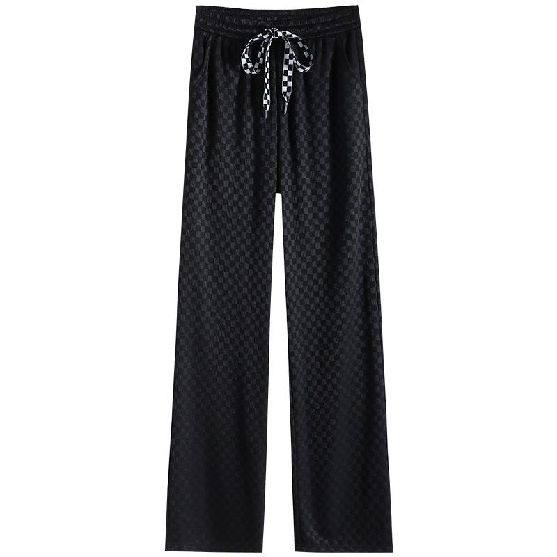 Checkered Ice Silk Wide-Leg Pants for Women, Summer 2025: High-Waist, Floor-Length, Casual Petite Straight-Leg Design