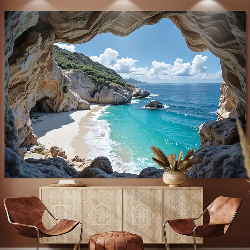 Seaside Cave View Backdrop Natural Rock Cave Coastal Scenery Photography Background Cloth for Wedding & Vacation Theme