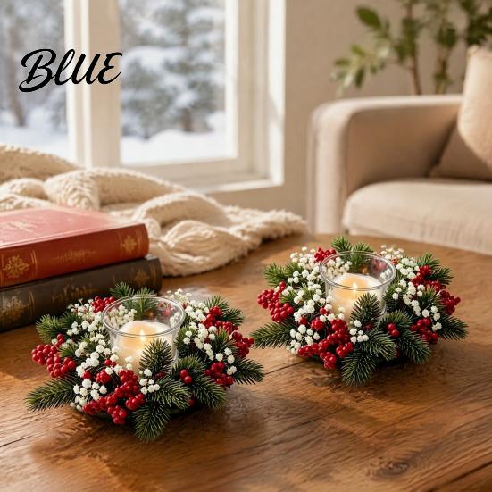 Reusable Christmas Home Decor Candle Ring Wreath Artificial Pine Wreath with Red Berries Rings White Flowers Holiday Table Centerpiece for