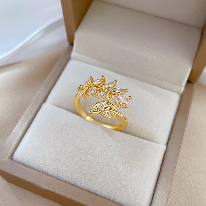 

Real Gold Electroplated Open Leaf Zircon Fashion Slightly Inlaid Light Luxury Ring Index Finger Ring Same Cold Wind Adjustable opening