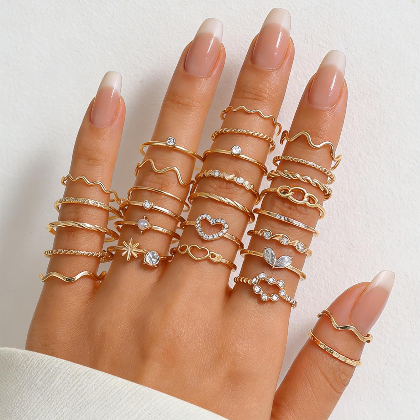 Cross-Border Diamond Heart Wave Ring Set: 28-Piece Gold Geometric Joint Rings