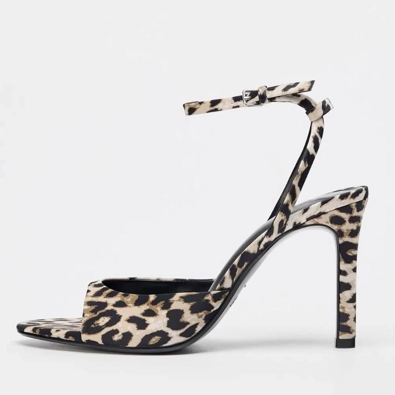 Fashion Fashion Leopard Print Round Toe Design High-heel Sandals Women Sexy Open-toe Ankle Strap Buckle Pumps Elegant Banquet Dress Shoe