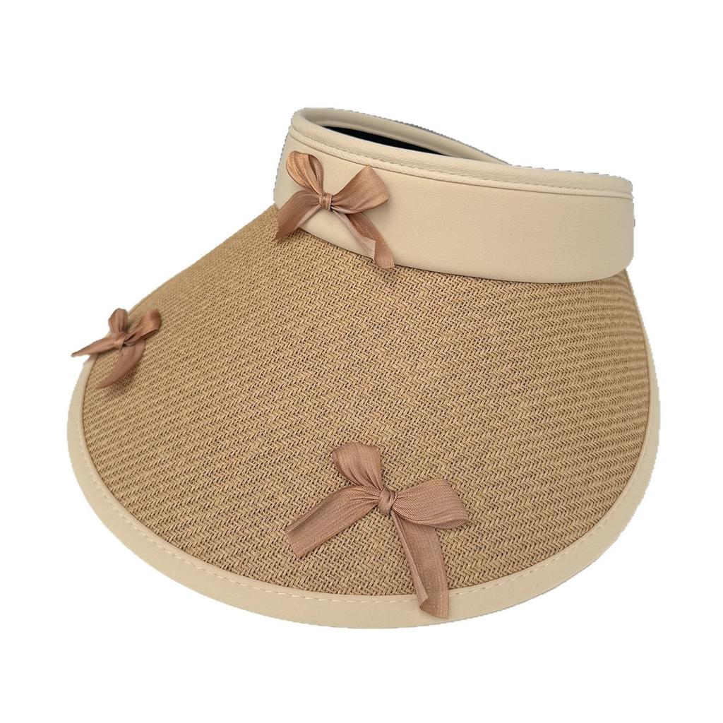 Bow vinyl empty top hat, new straw woven sunscreen visor, women's summer outdoor big brim cycling visor