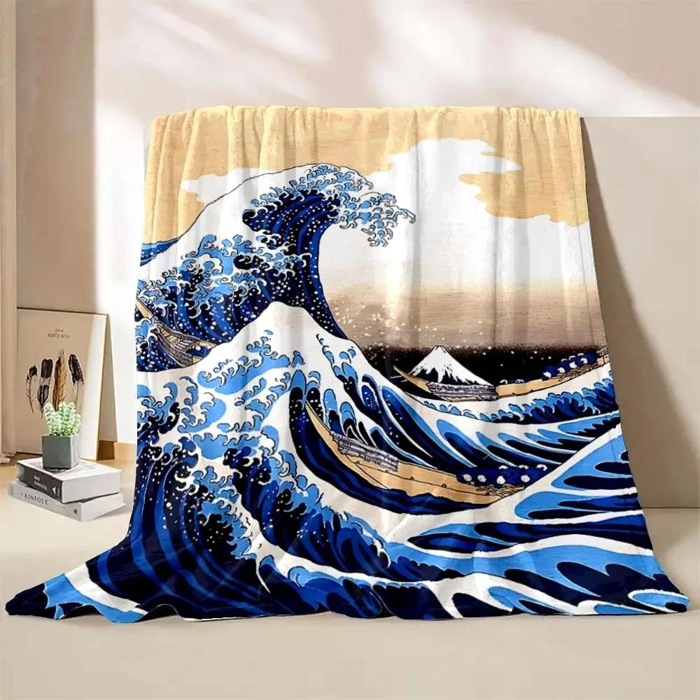 Wave-inspired Ukiyo-e paintings digital-printed polyester velvet flannel cover blanket Fleece soft sofa cover blankets for beds