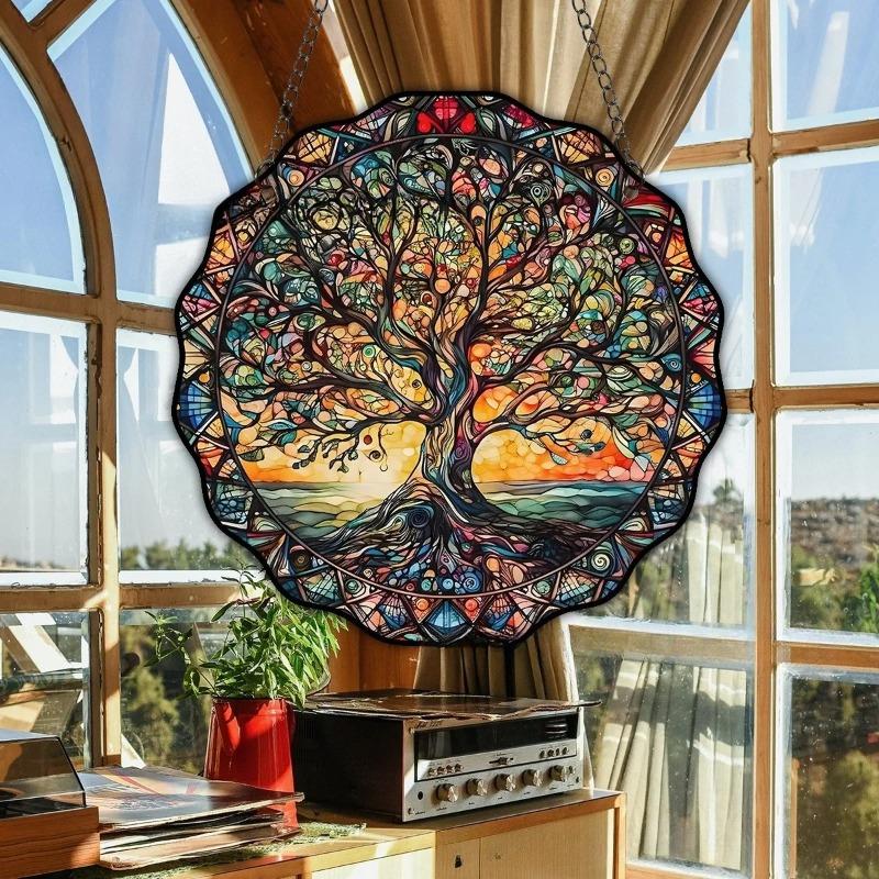 1pc Acrylic Creative Life Tree Ornament Double Sided Painted Wall Glass Window Decoration Hanging Round Design Pendant Gifts