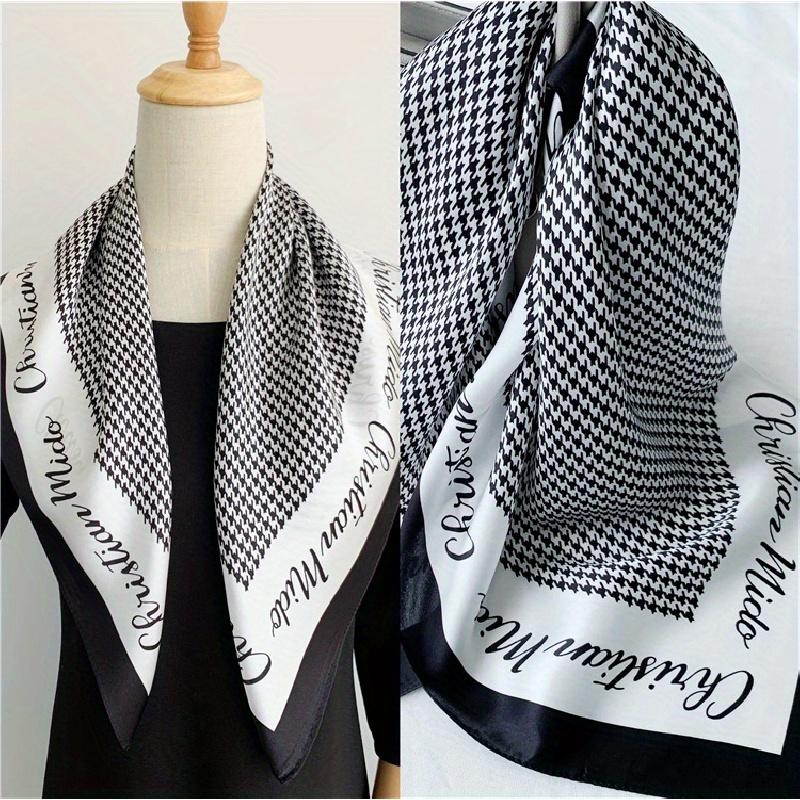 26.77" Black White Houndstooth Letter Square Scarf Thin Satin Shawl Elegant Style Sunscreen Headscarf For Women