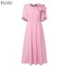 ZANZEA Women Casual Round Neck Bows Splice Half Sleeve Loose A-Line Dress
