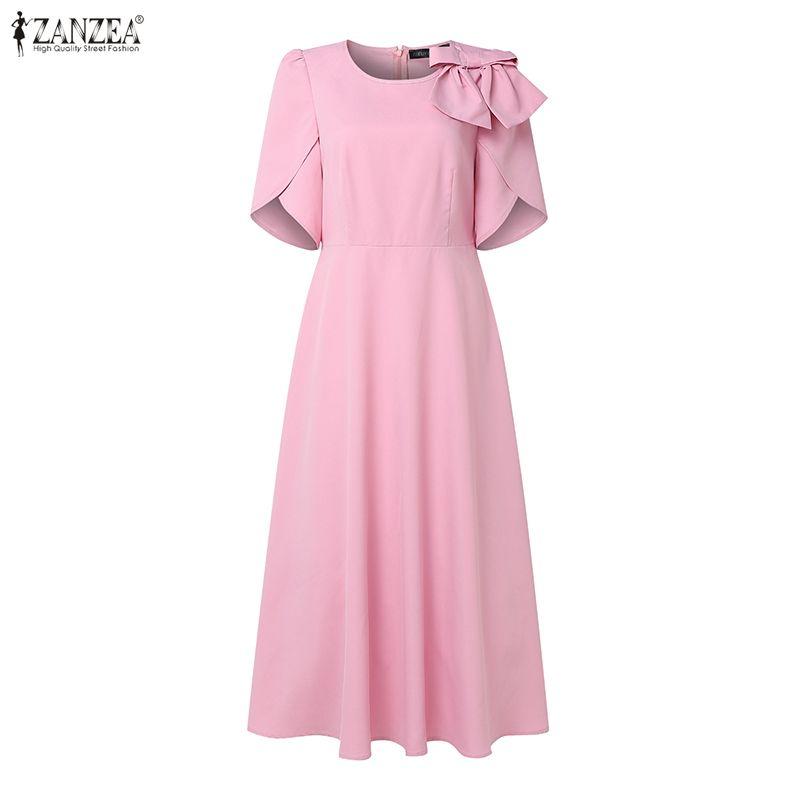 ZANZEA Women Casual Round Neck Bows Splice Half Sleeve Loose A-Line Dress