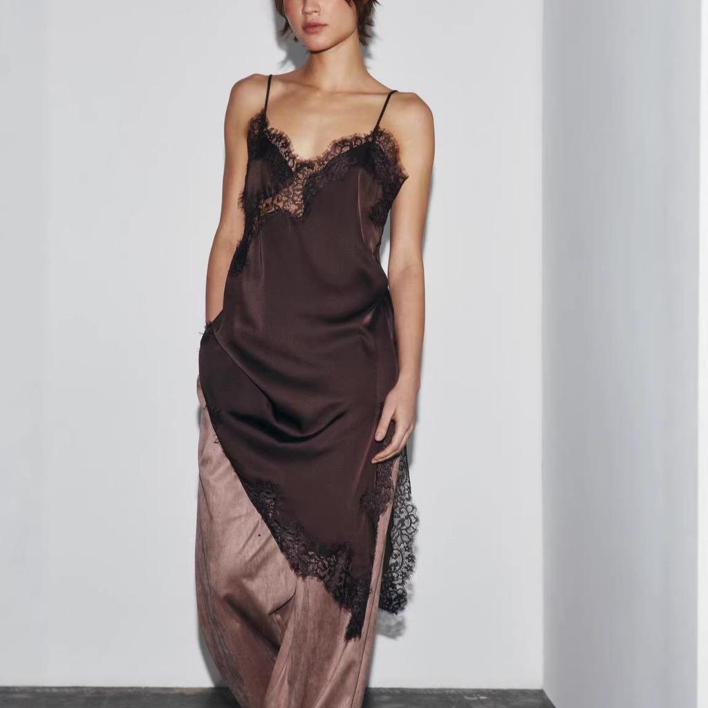 European & American Style Women's Sexy Lace Patchwork Asymmetrical Spaghetti Strap Dress