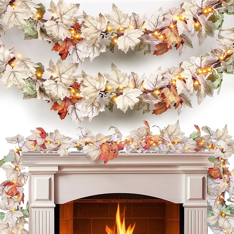 Thanksgiving Garland with Lights 9FT Plug in Thanksgiving Decorations for Home with 50 Warm Incandescent Bulbs UL Certified Connectable Lighted Fall 1 Pack