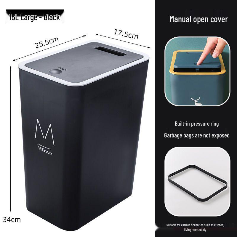 High-Capacity Press-Open Trash Can with Lid for Kitchen & Living Room - Stylish & Popular