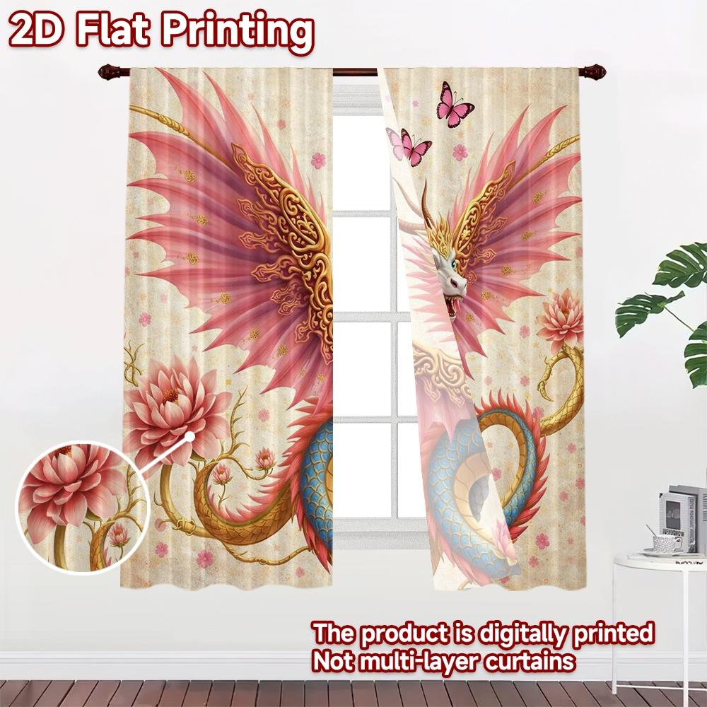 2D FLAT PRINTING 2pcs Curtains (Without Rod) Dragon with Butterflies Creative Modern Curtains Durable 100% Polyester Fabric