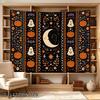 2D Flat, 1pc 2D Flat Tapestry Halloween Themed Tapestry Featuring Pumpkins, Ghosts, Bats, and a Smiling Crescent Moon Under Floral Wreaths, 2D Flat