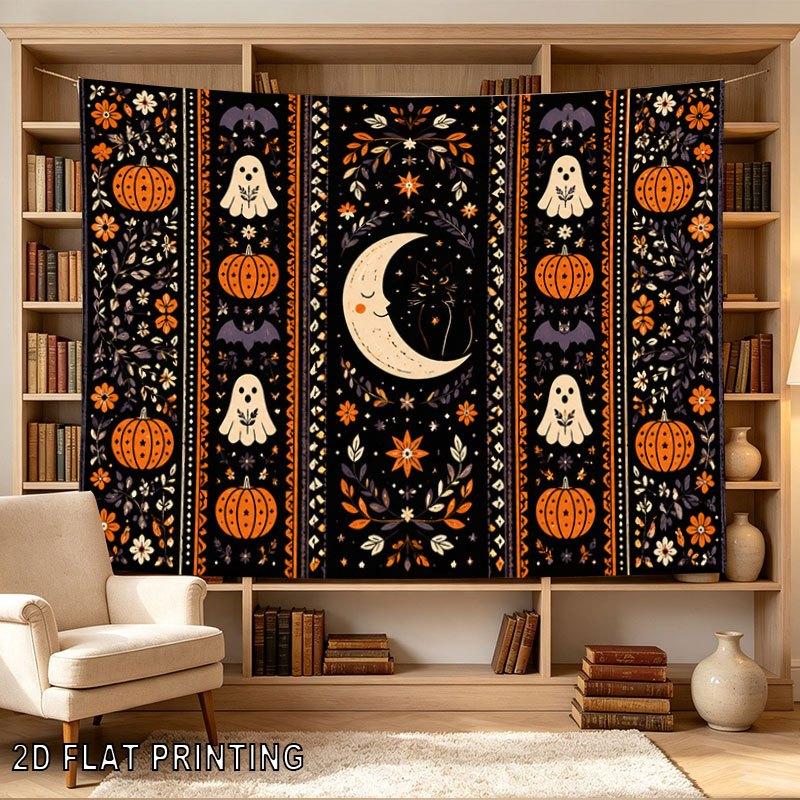 2D Flat, 1pc 2D Flat Tapestry Halloween Themed Tapestry Featuring Pumpkins, Ghosts, Bats, and a Smiling Crescent Moon Under Floral Wreaths, 2D Flat