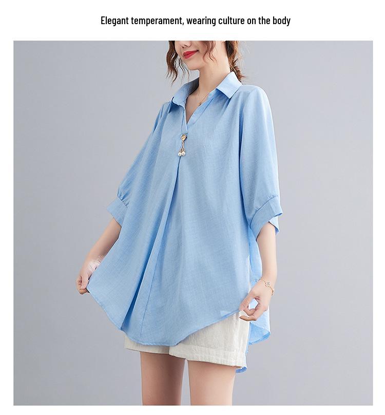 2026 Stylish Cotton Linen V-Neck Casual Plus Size Shirt with Belly Coverage and Wide Hem