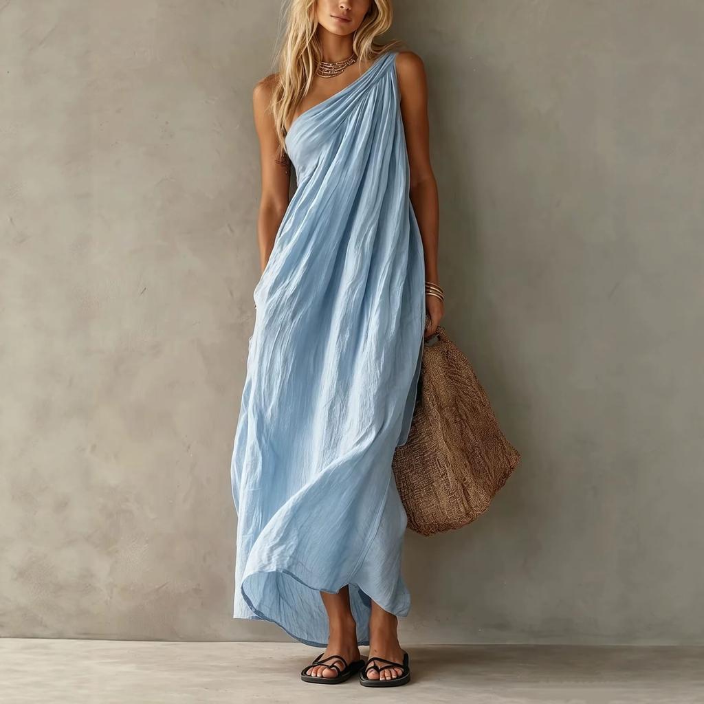 Women One Shoulder Draped Maxi Dress Casual Asymmetric Hem Beach Vacation Dress