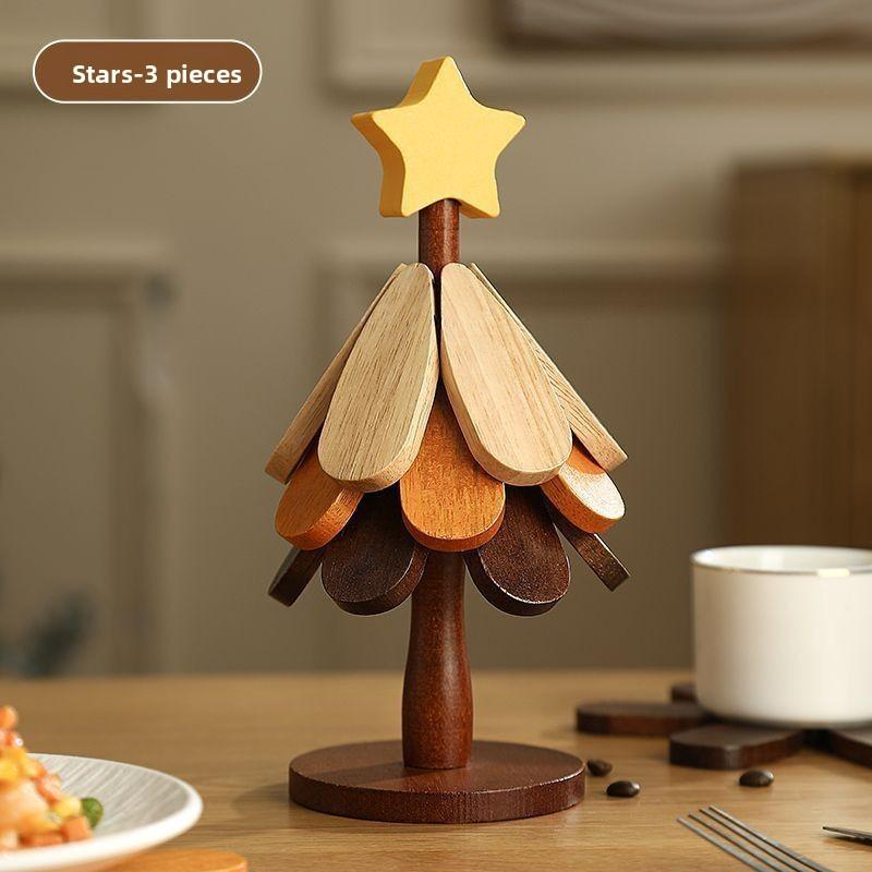 Christmas Tree Heat Resistant Coaster Set With Wooden Material For Holiday Table Decor