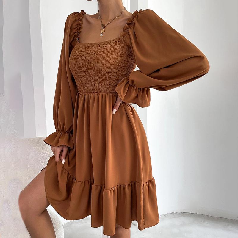 2025 French Minimalist Square-Neck Dress Long-Sleeve High-Waisted Bodycon Dress with Flounced Hem