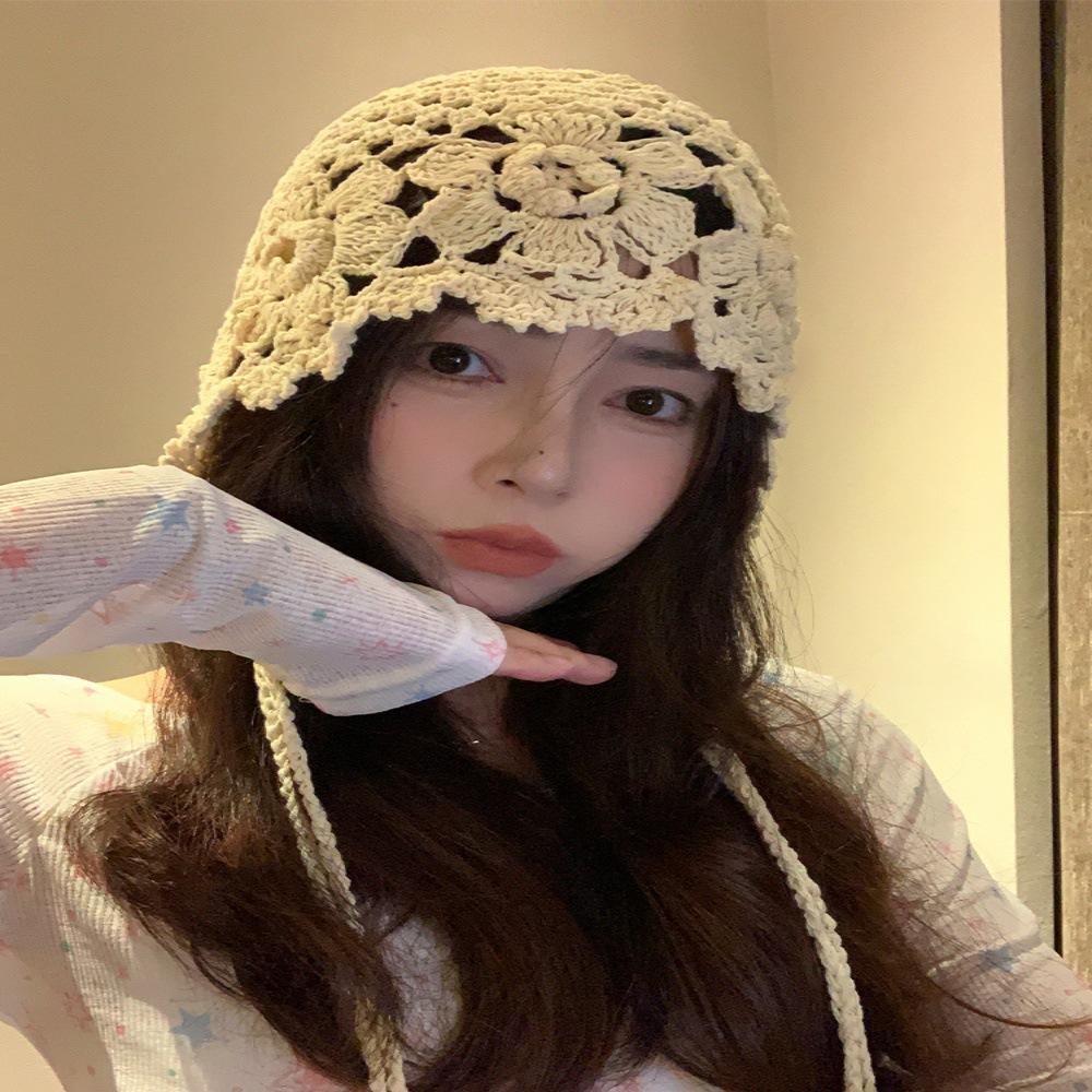 Fashion Handwoven Hollow Baotou Hat Women'S Crochet Ethnic Style Tassel Ear Protector Strap Sleeve Knitted Hat