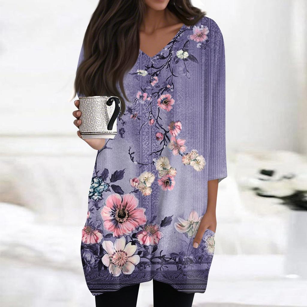 Dámský ležérní top s výstřihem do V a 3/4 rukávy s vintage květinovým potiskem