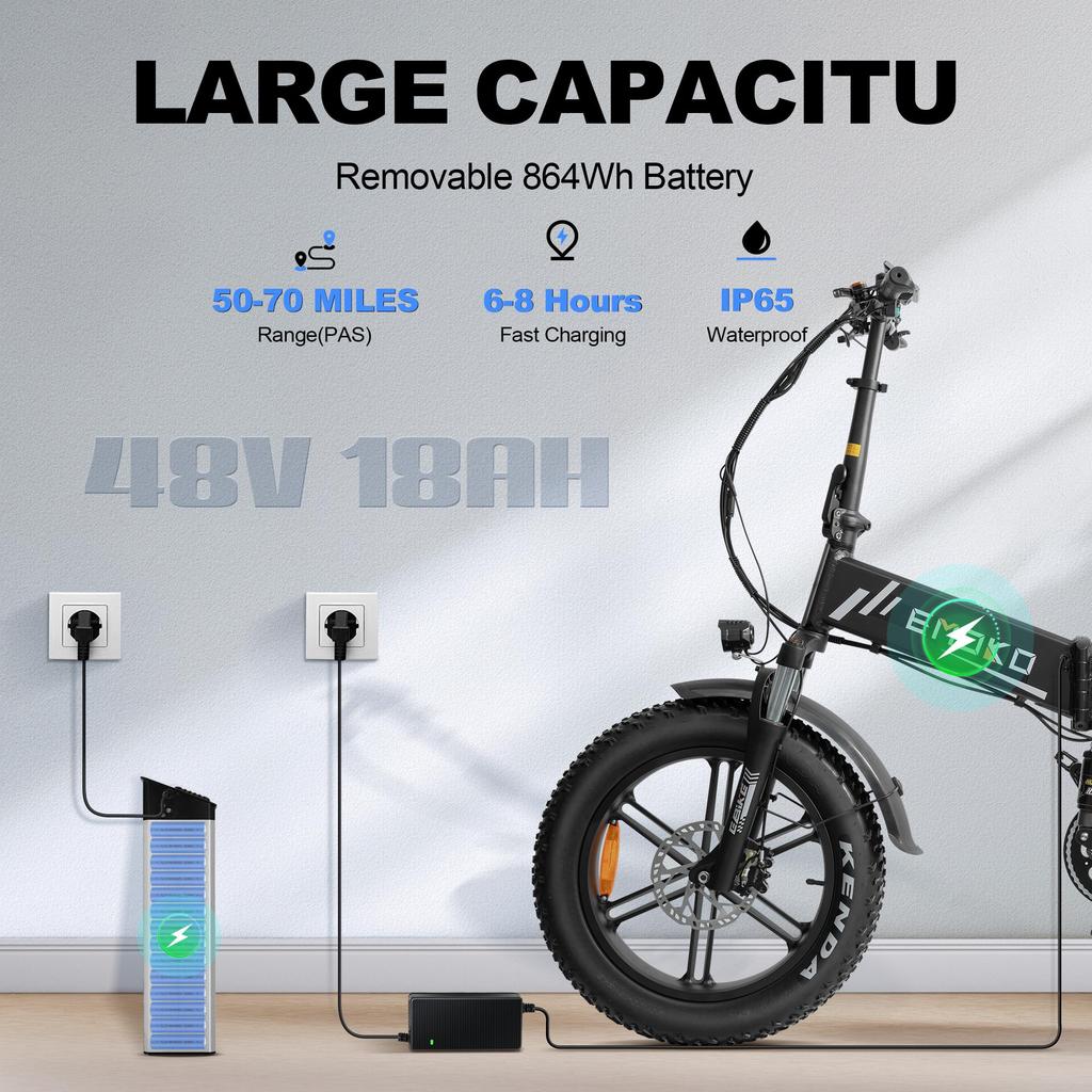 Vélo Électrique Adulte EMOKO 20" Moteur 1000W Ebike Pliant 48V 18AH Vitesse Maximale 50Km/h 7 Vitesses Charge 120Kg EC20