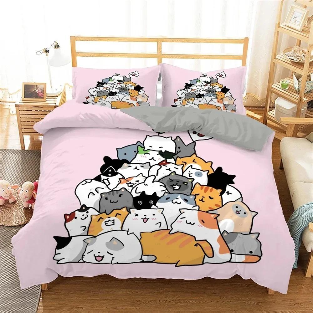 Zestaw pościeli z kreskówkowym kotem dla dzieci Kawaii Kitty poszewka na kołdrę kolorowa poszewka na kołdrę dla zwierząt domowych King Twin Queen poliestrowa poszewka na kołdrę