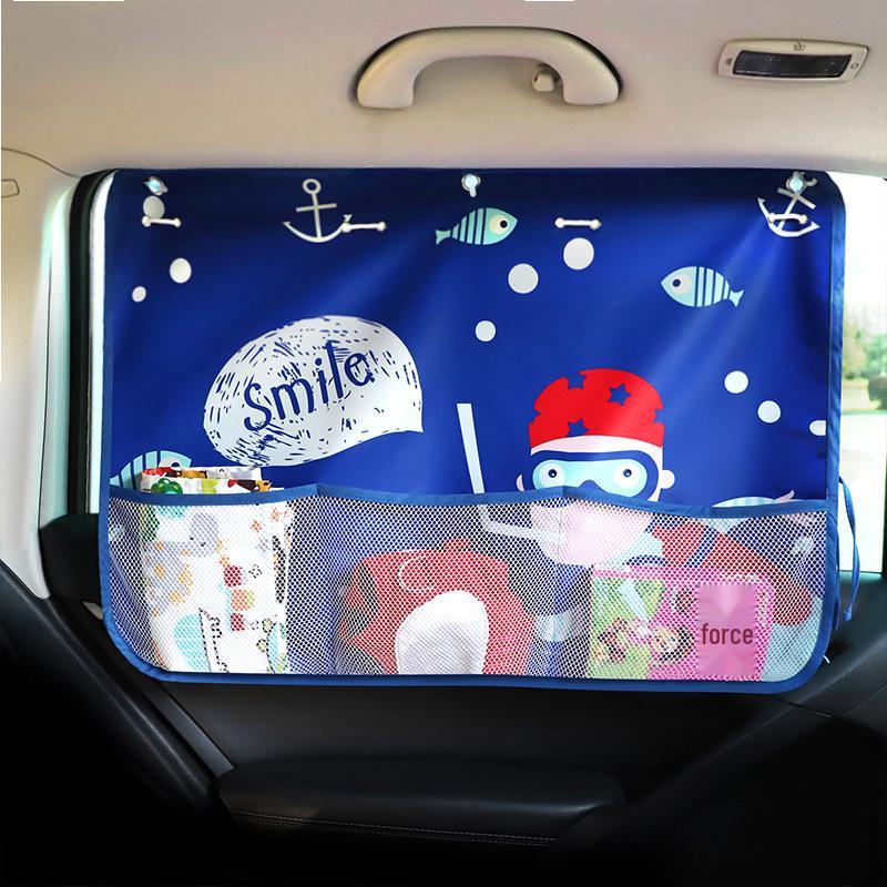 Cartoon Car Sunshade with Net Pocket – Baby Sunblock & Heat Insulation Curtain