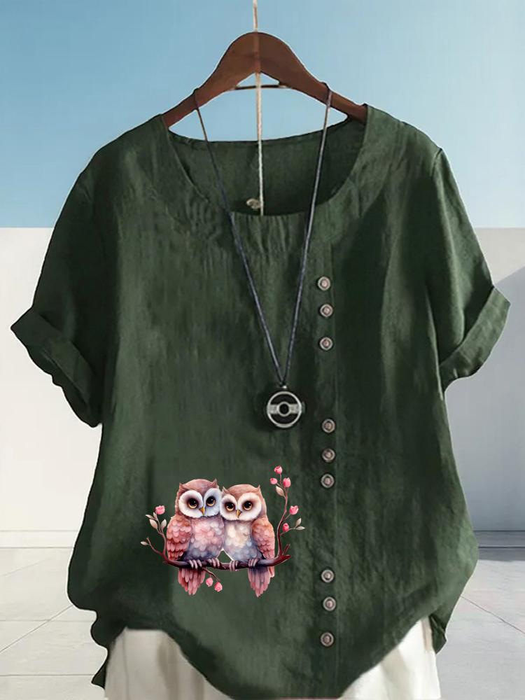 Women's Fashion Couple Owl Print Shot Sleeve T-shirt Loose Cotton Shirt Casual Loose Summer Blouse Tops Plus Size