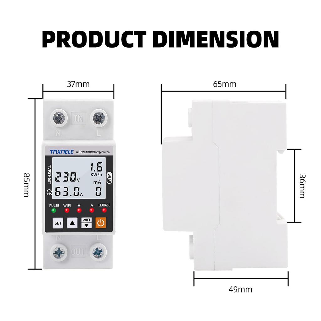 WiFi Smart Energy Meter AC 63A 80-300V WiFi Smart Earth Leakage Over Under Voltage Protector Relay Device Switch Breaker Energy Power kWh Meter Smart