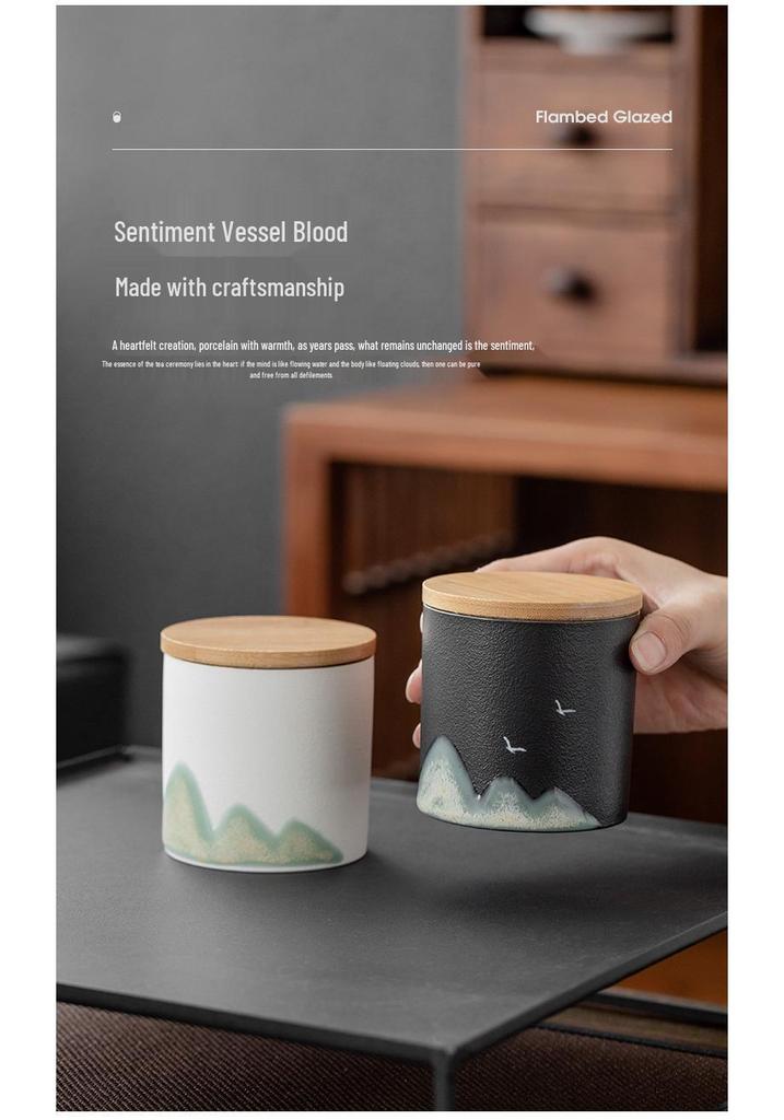 Hand-painted Black Ceramic Tea Caddy with Distant Mountain Design - Small, Simple, Sealed for Freshness