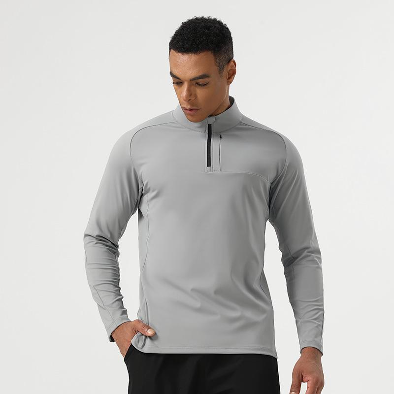 Men's Nylon Half-Zip High-Elastic Fitness Top - Long Sleeve Stand-Up Collar for Autumn and Spring Running and Training.