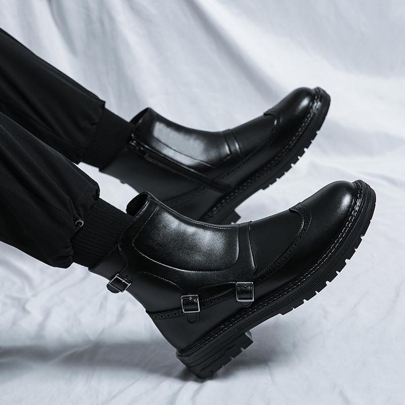 Men's round headed high top leather shoes Fashionable and versatile design styles party activities casual motorcycle men's boots
