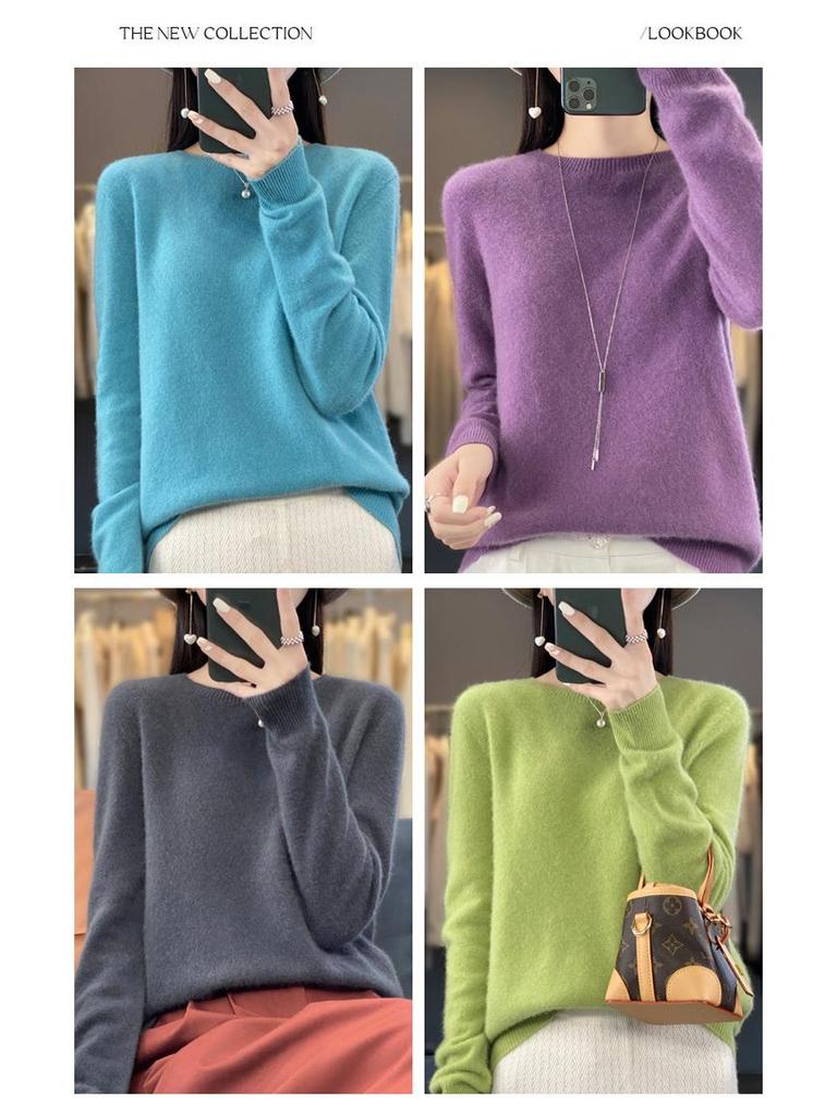 Podzimní/Zimní Dámský Volný Pletený Vlněný Svetr s Kulatým Výstřihem, Jednobarevný Top s Dlouhým Rukávem.