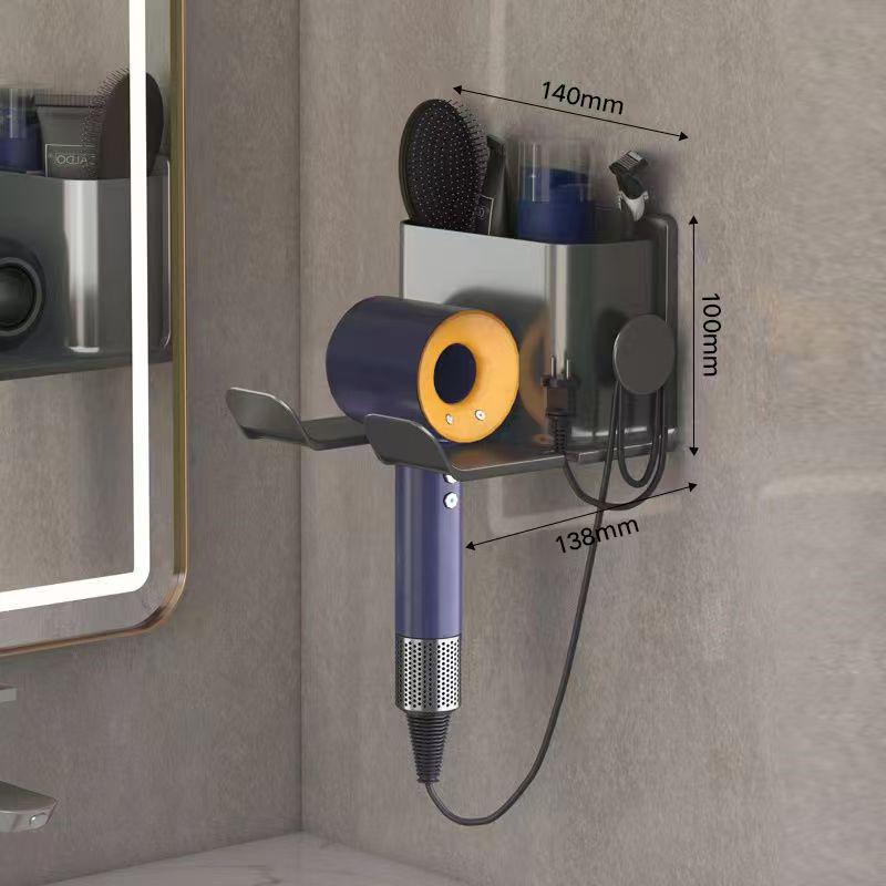 Punch-Free Wall-Mounted Hair Dryer and Bathroom Storage Rack