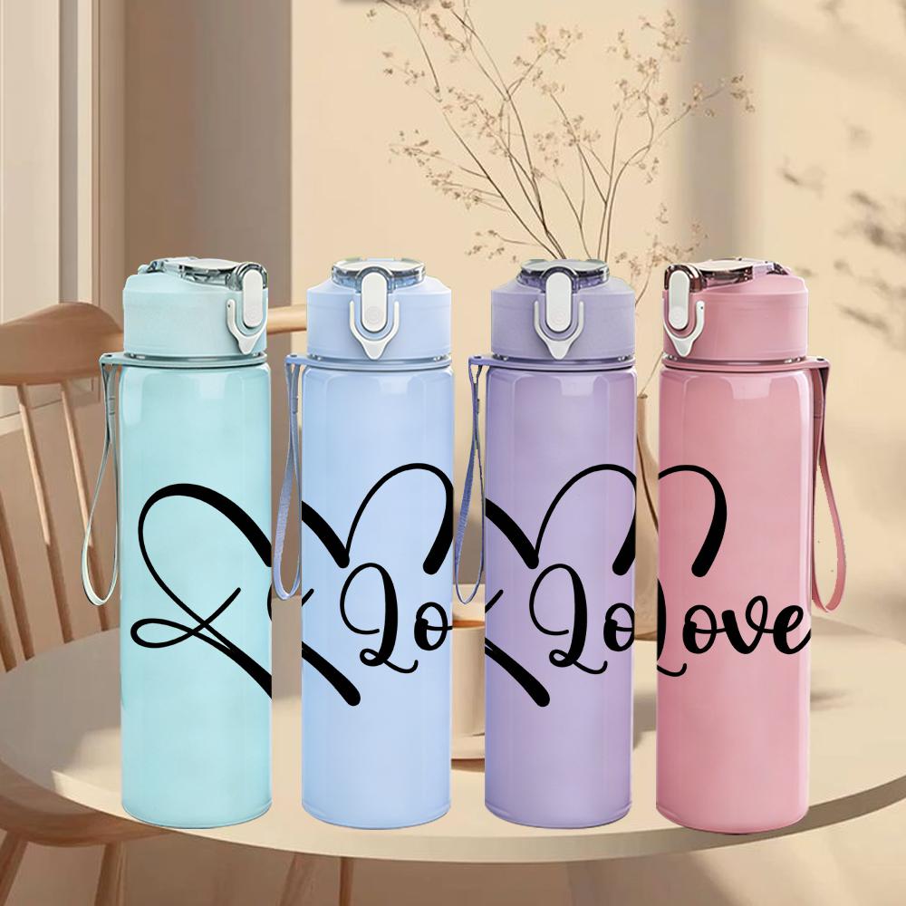 1PC Curve Love Heart Cursive Line Art 750ml Color Plastic Sports Water Bottle Leakproof Flip Straw Lid Suitable for Sports Office Home Use