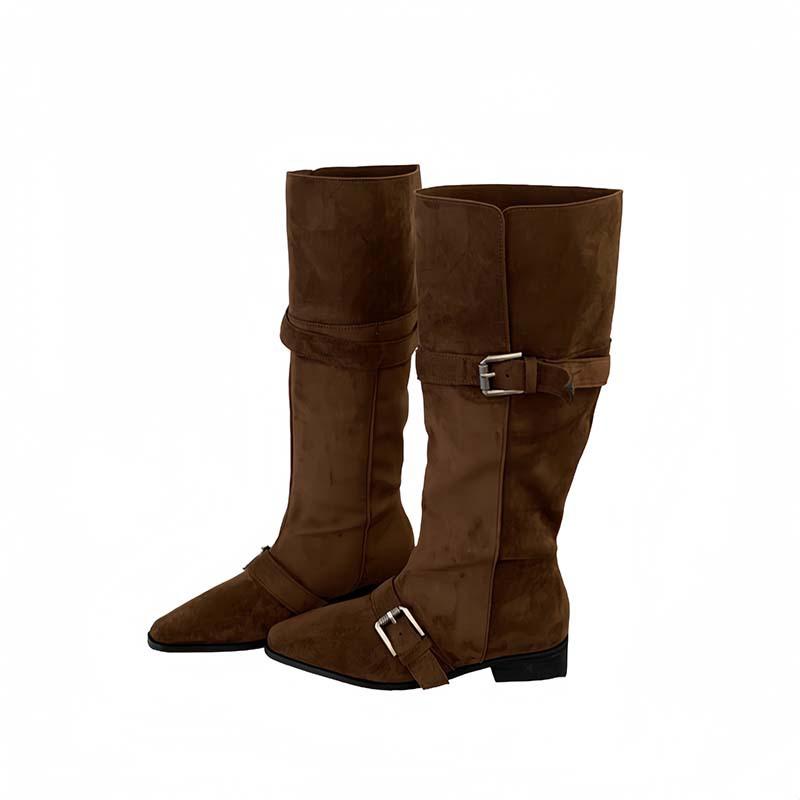 Retro Cow Flip Leather Belt Buckle Thick Heel Western Cowboy Boots Two Wear Lapel High Knight Boots Brown Boots Women